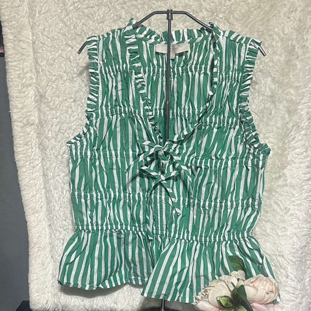 LOFT Green and White Striped Ruffle Blouse